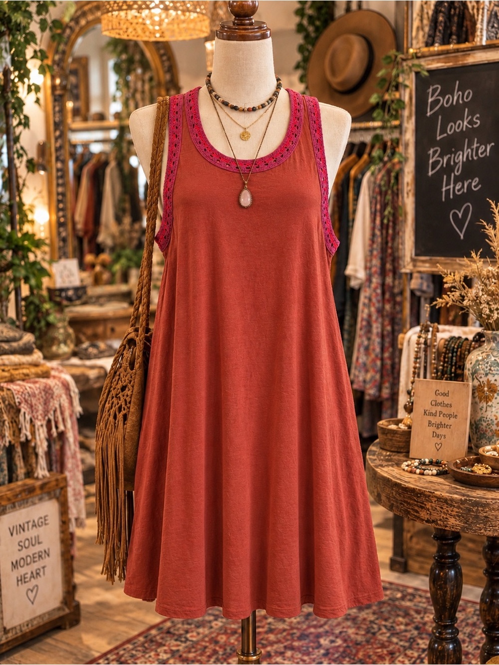 Natural Life Cotton Crochet Trim Tank Dress Rust NWT